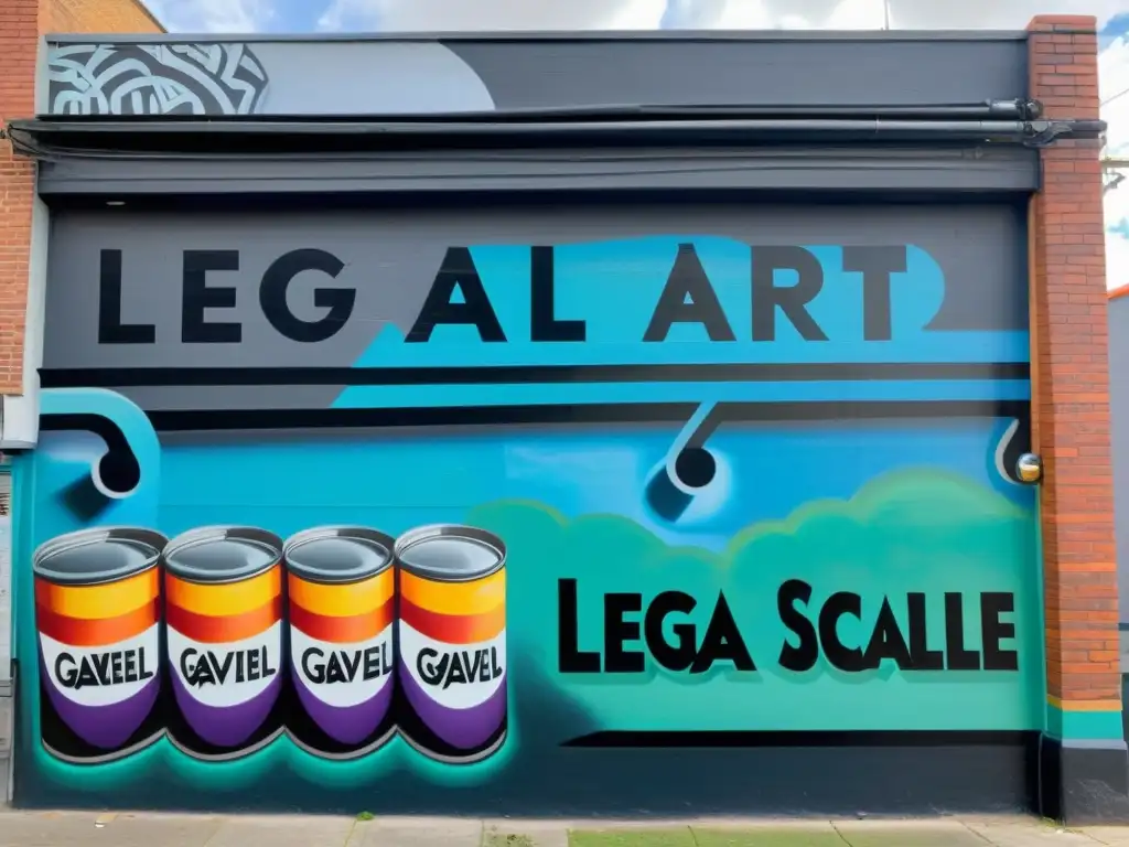 Un mural urbano vibrante y moderno que representa la intersección entre el arte callejero y el sistema legal