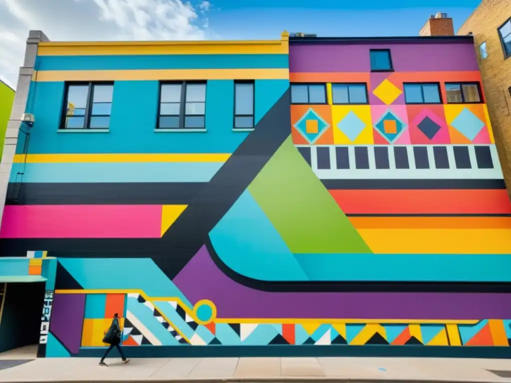 Un mural urbano vibrante y moderno con formas geométricas y detalles intrincados