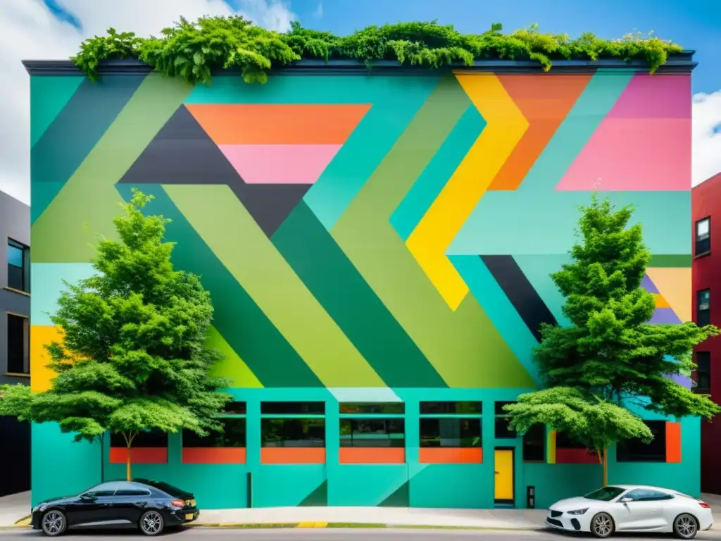 Un mural urbano vibrante con patrones geométricos e intrincados, rodeado de vegetación exuberante y contrastando con la bulliciosa ciudad