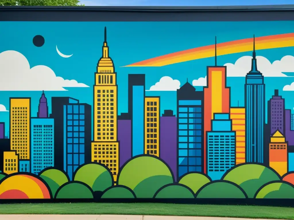 Un mural vibrante muestra la ciudad y famosos íconos pop entrelazados con símbolos de derechos de autor