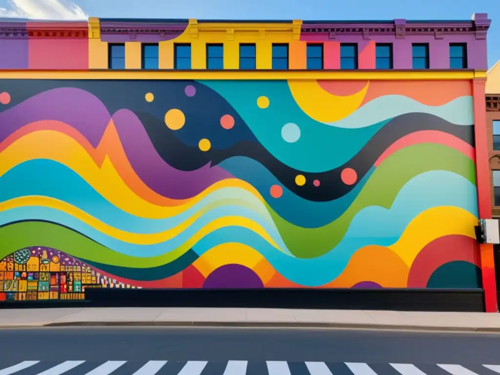 Un mural vibrante y detallado en un área urbana bulliciosa