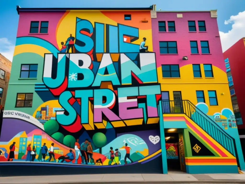 Un mural vibrante y detallado en la ciudad, con escenas urbanas y grafitis