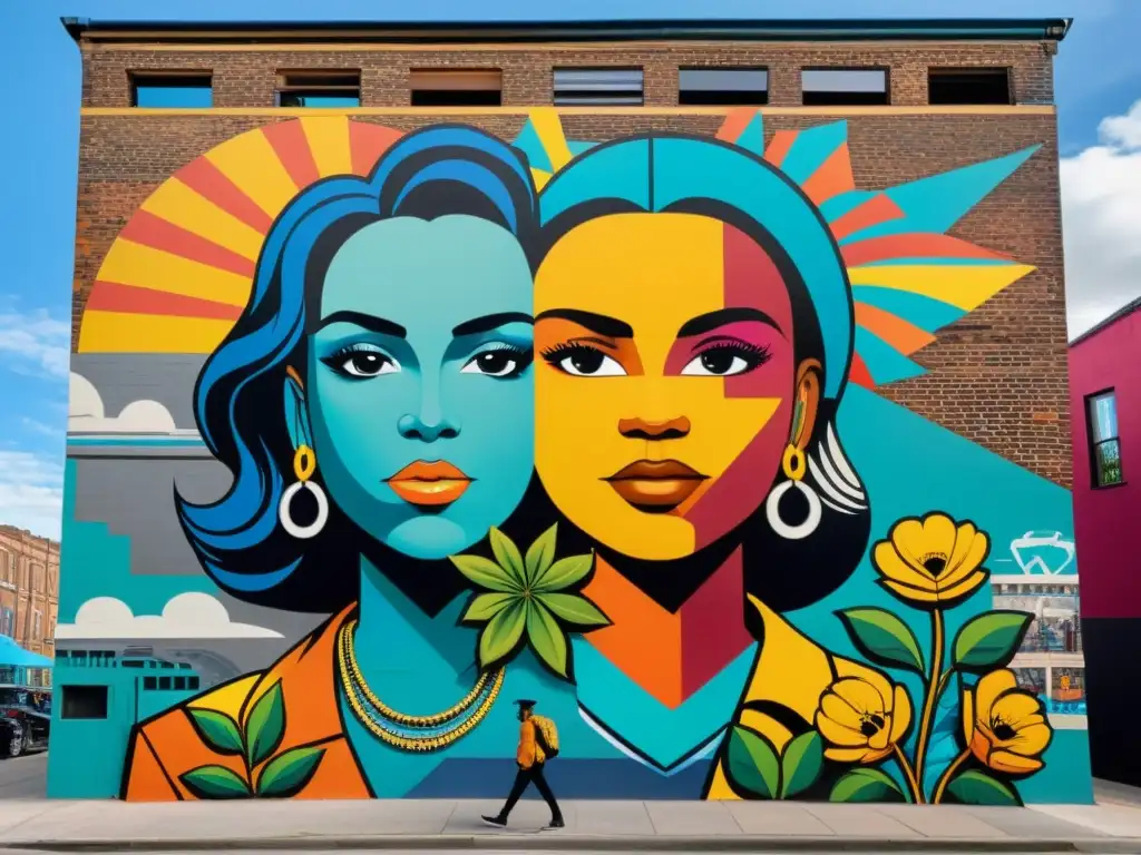 Un mural vibrante y detallado que refleja la colaboración de artistas de diferentes países en una escena urbana de gran tamaño
