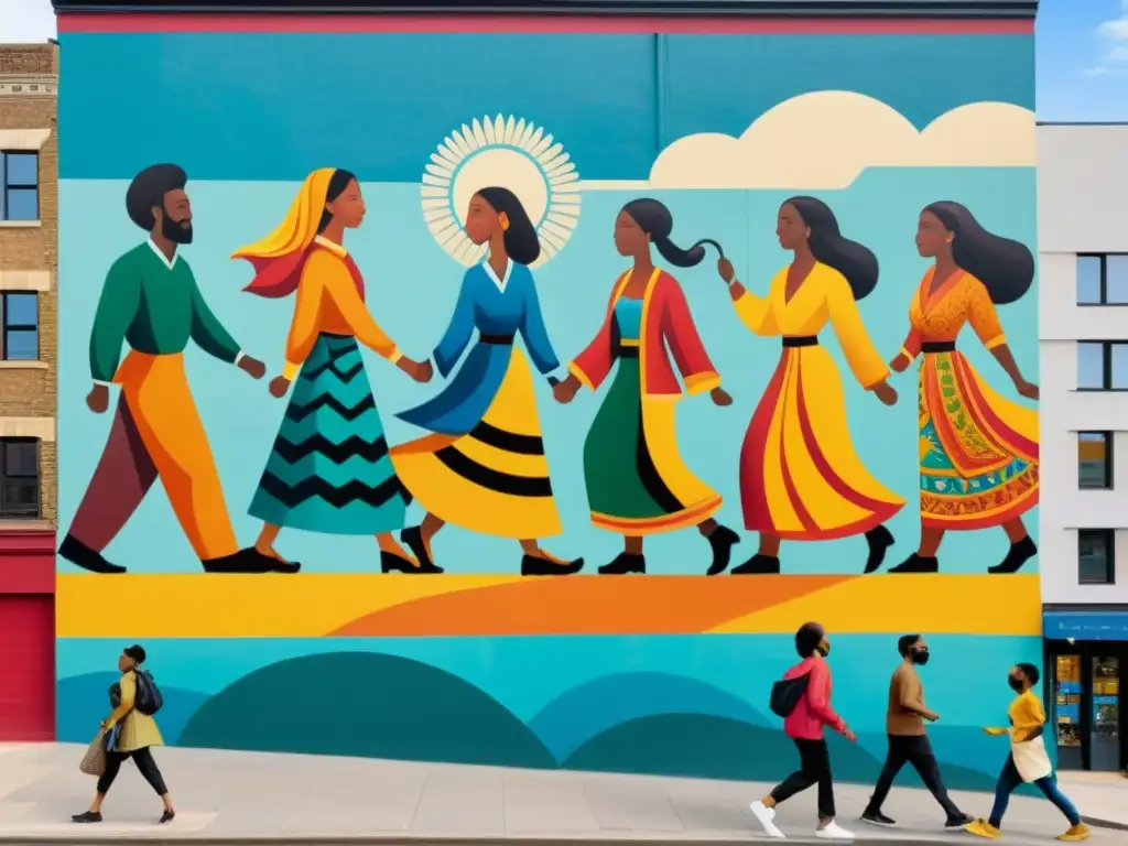 Un mural vibrante y detallado en una pared de la ciudad muestra gente diversa unida en solidaridad