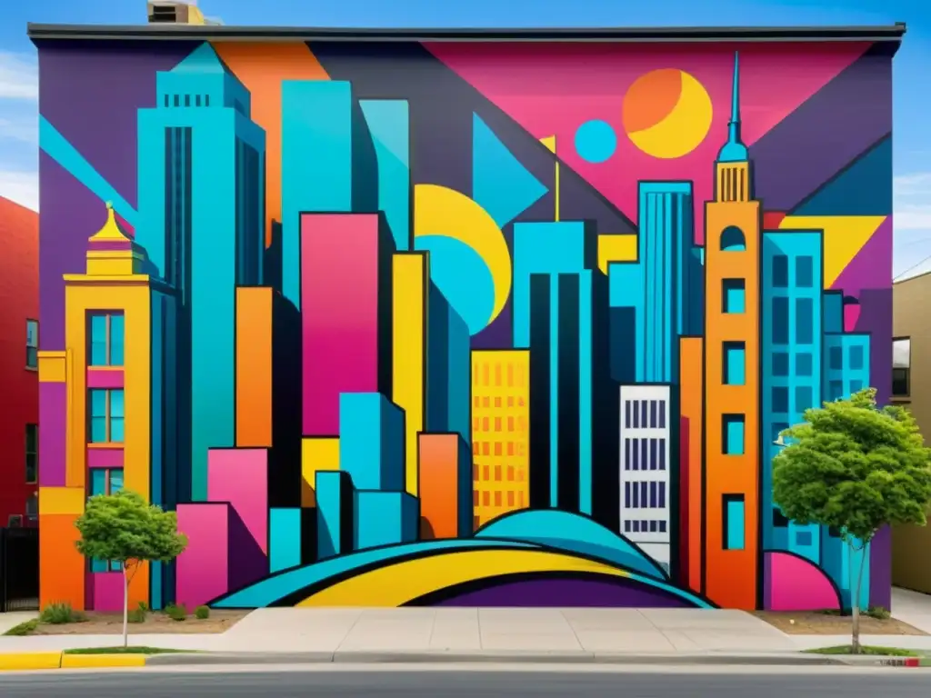 Un mural vibrante y dinámico que fusiona graffiti, pop art y surrealismo, representando los retos legales del arte contemporáneo