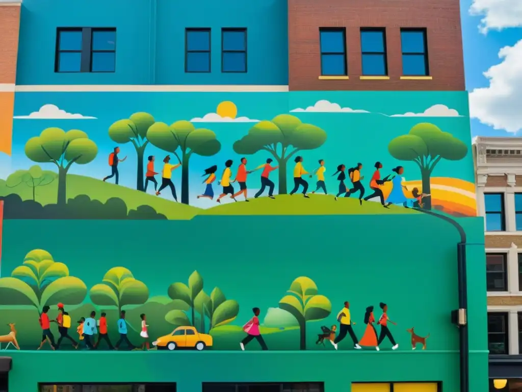 Un mural vibrante en un edificio de la ciudad que representa la diversidad y la vida urbana, con elementos naturales