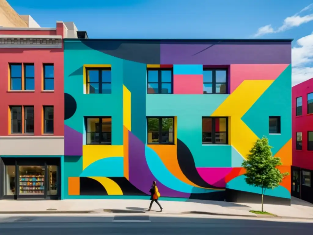 Un mural vibrante y moderno en la ciudad, con formas abstractas y colores vivos que evocan creatividad y libertad