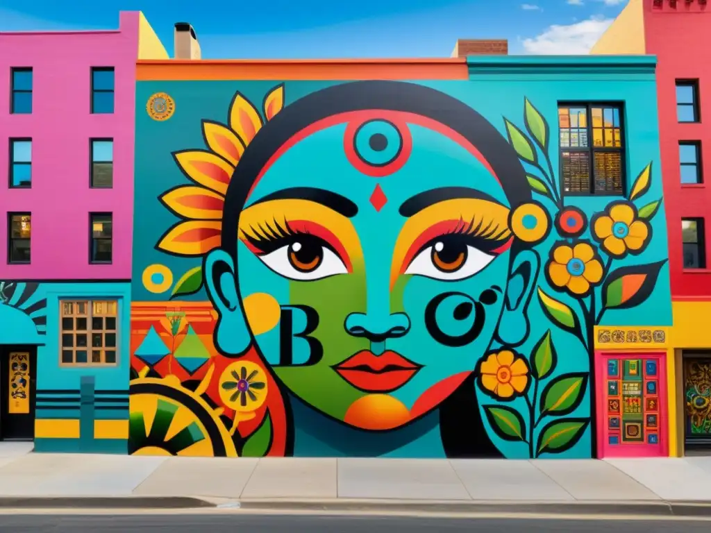 Un mural vibrante y moderno que representa la diversidad cultural y la propiedad intelectual, con colores audaces y detalles intrincados