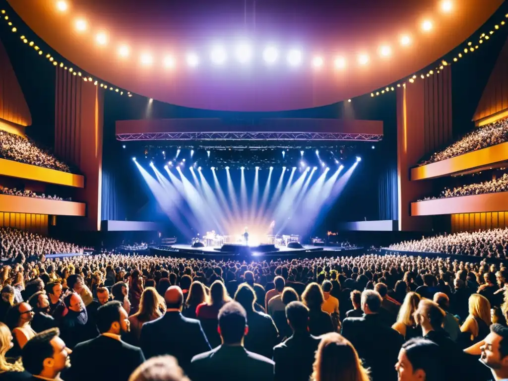 Un músico apasionado lidera el concierto en un moderno auditorio, con una multitud vibrante bajo luces dinámicas