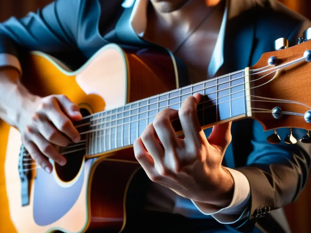 Un músico apasionado toca la guitarra, mostrando la destreza de sus manos
