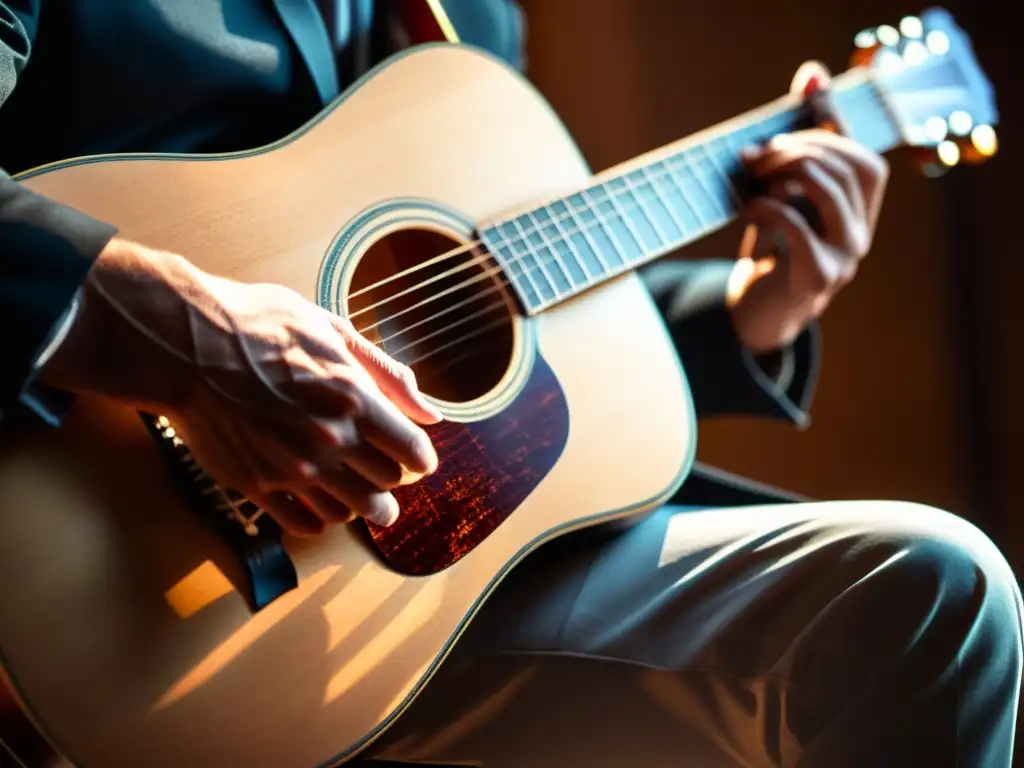 Un músico apasionado toca la guitarra con destreza, mostrando la pasión y concentración en la creación musical