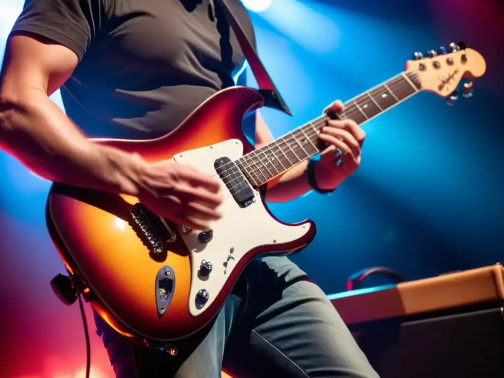 Un músico apasionado toca una guitarra eléctrica durante un concierto digital, con intensidad y emoción palpables