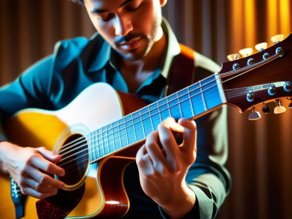 Un músico apasionado tocando una guitarra moderna, transmitiendo una profunda conexión con su arte