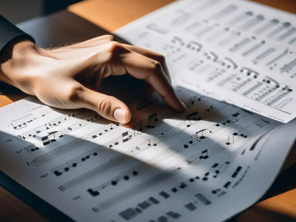 Un músico coloca con cuidado partituras en un escritorio moderno, bañado por luz natural