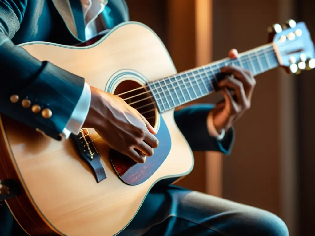 Un músico autogestiona los derechos de autor mientras toca la guitarra, capturando la esencia moderna y auténtica de la música independiente