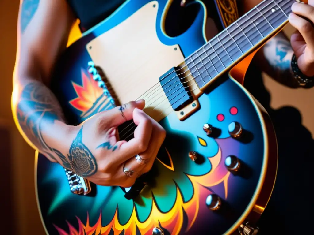 Un músico toca con destreza una guitarra eléctrica, sus manos adornadas con tatuajes