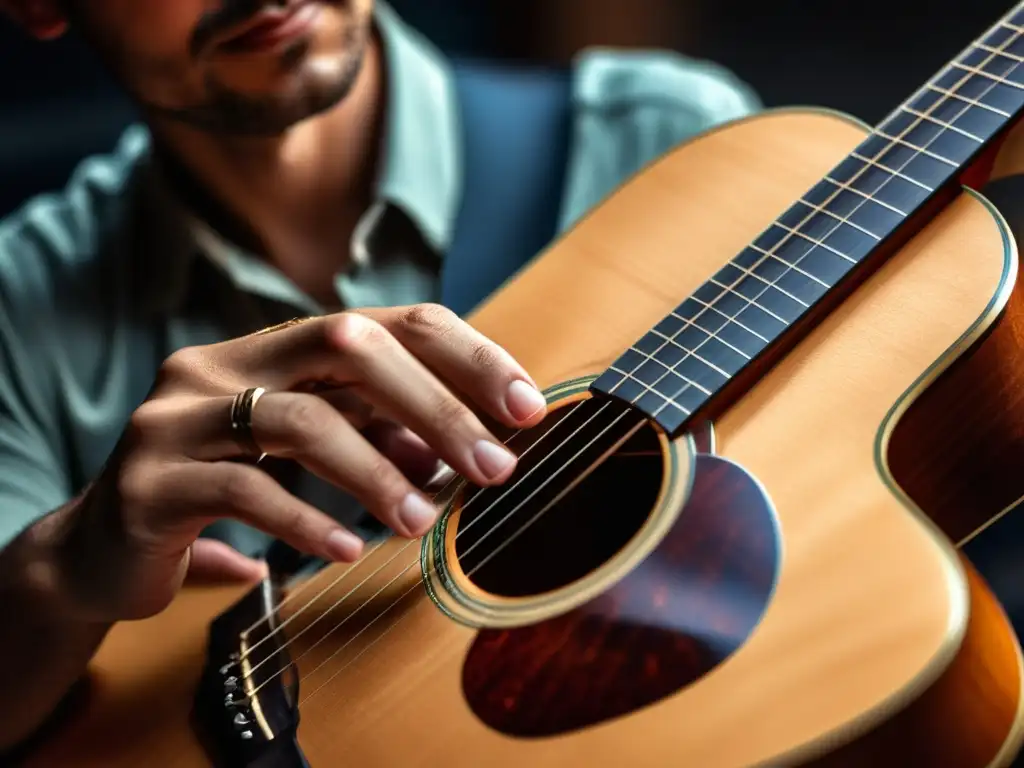 Un músico enfocado, expresando pasión al tocar la guitarra acústica en un estudio moderno, ilustrando la autogestión derechos autor música