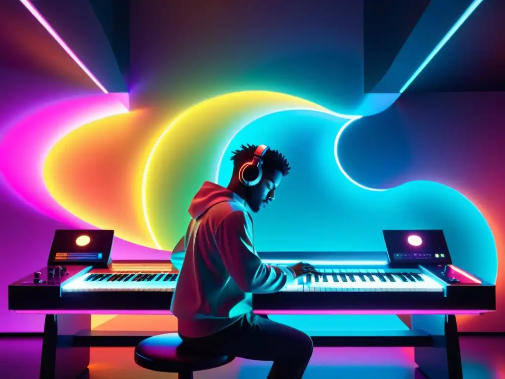 Un músico crea música en un estudio futurista con tecnología de vanguardia y luces vibrantes