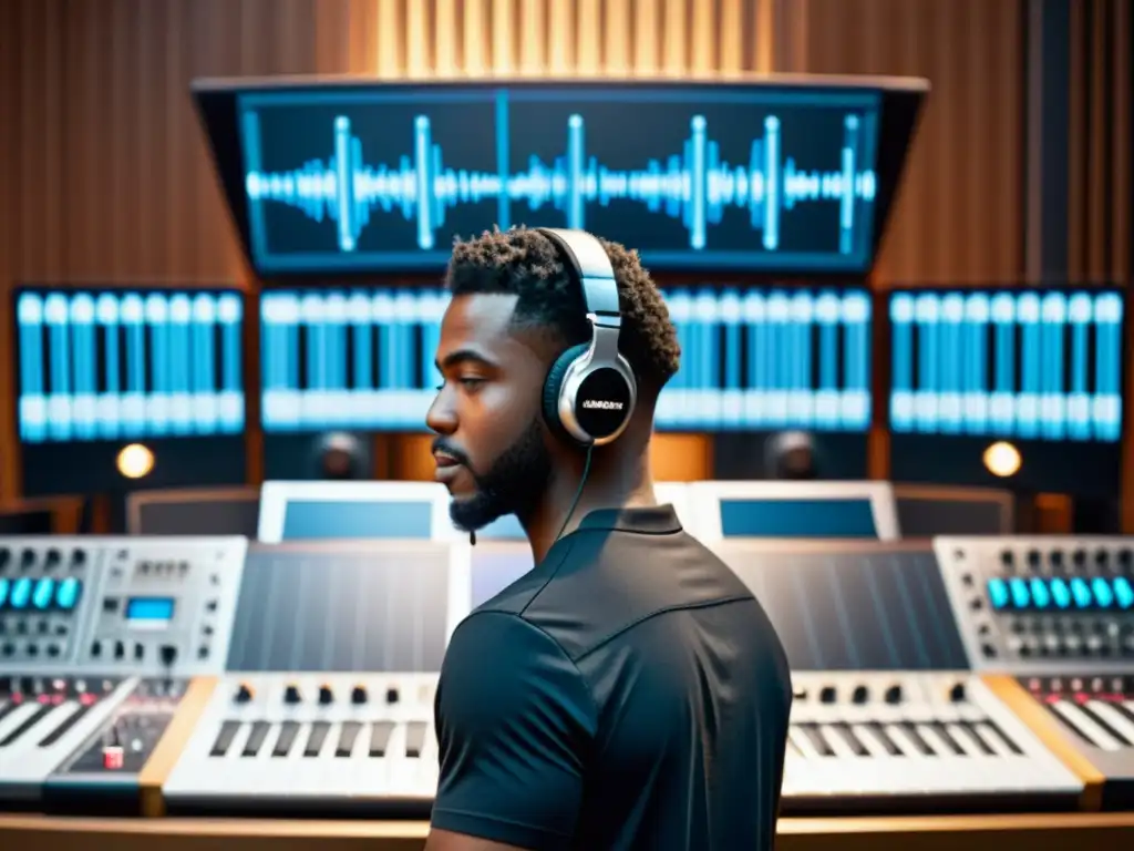 Un músico en un estudio profesional rodeado de equipos de sonido, instrumentos musicales y pantallas de computadora