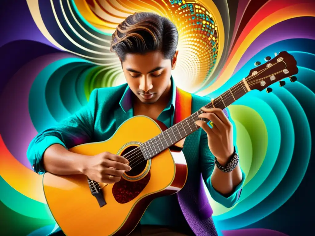 Un músico toca la guitarra con patrones intrincados y colores vibrantes, representando los límites fair use música