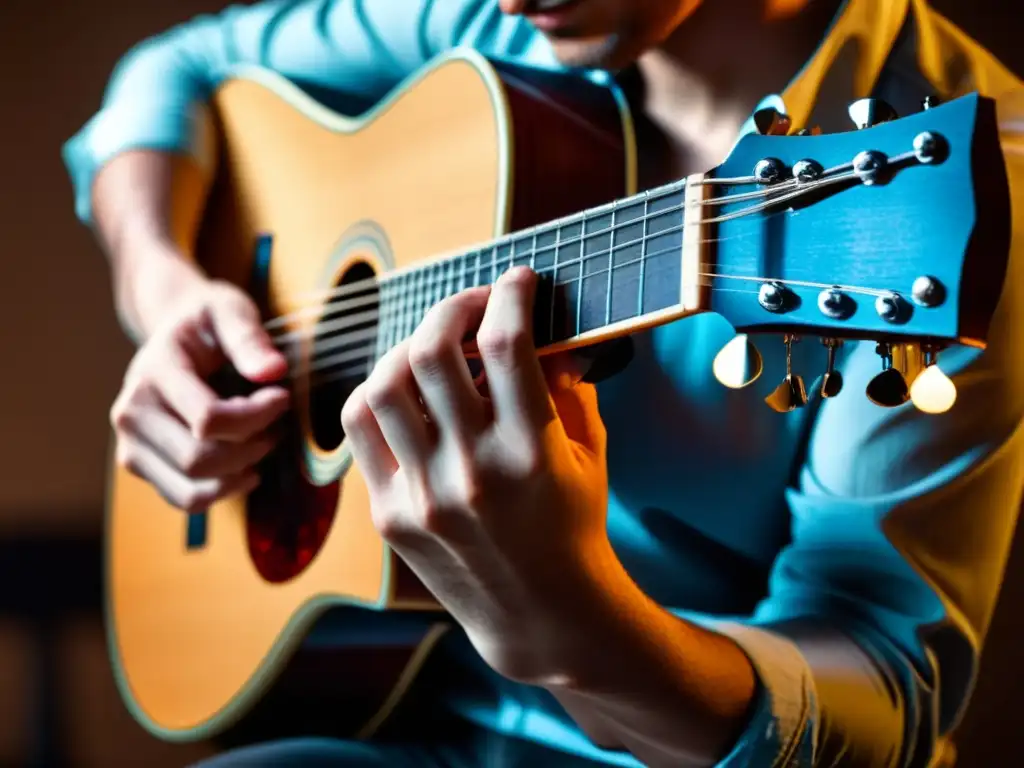 Un músico crea magia con su guitarra, sus manos dan vida a las notas