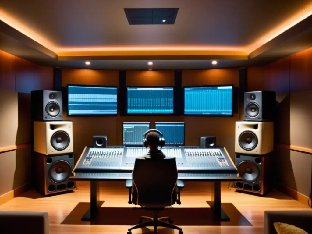 Un músico profesional en un estudio de grabación moderno y elegante, con un ambiente cálido y profesional