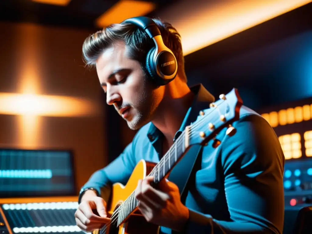 Un músico profesional tocando apasionadamente la guitarra en un estudio de grabación, rodeado de equipo de audio de alta tecnología
