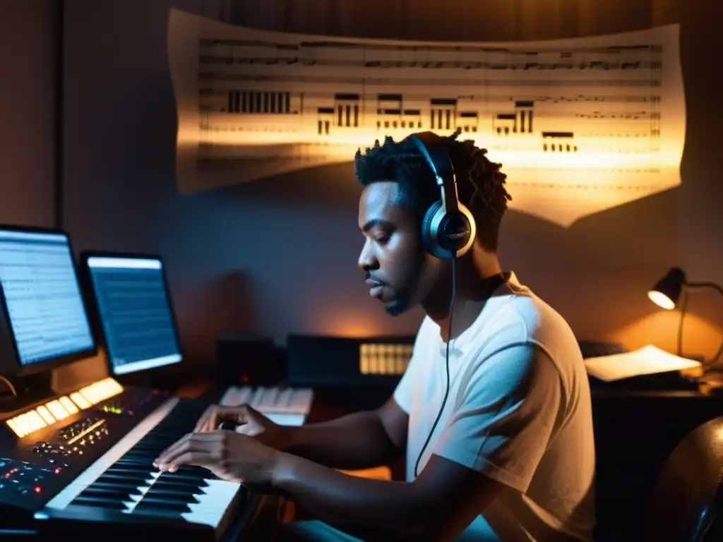 Un músico reflexivo en su estudio, rodeado de partituras y instrumentos, iluminado por la pantalla de su computadora