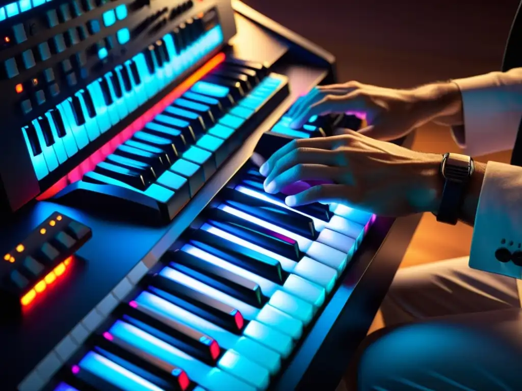 Un músico talentoso toca un teclado MIDI moderno y elegante con botones y pads iluminados en vibrantes colores