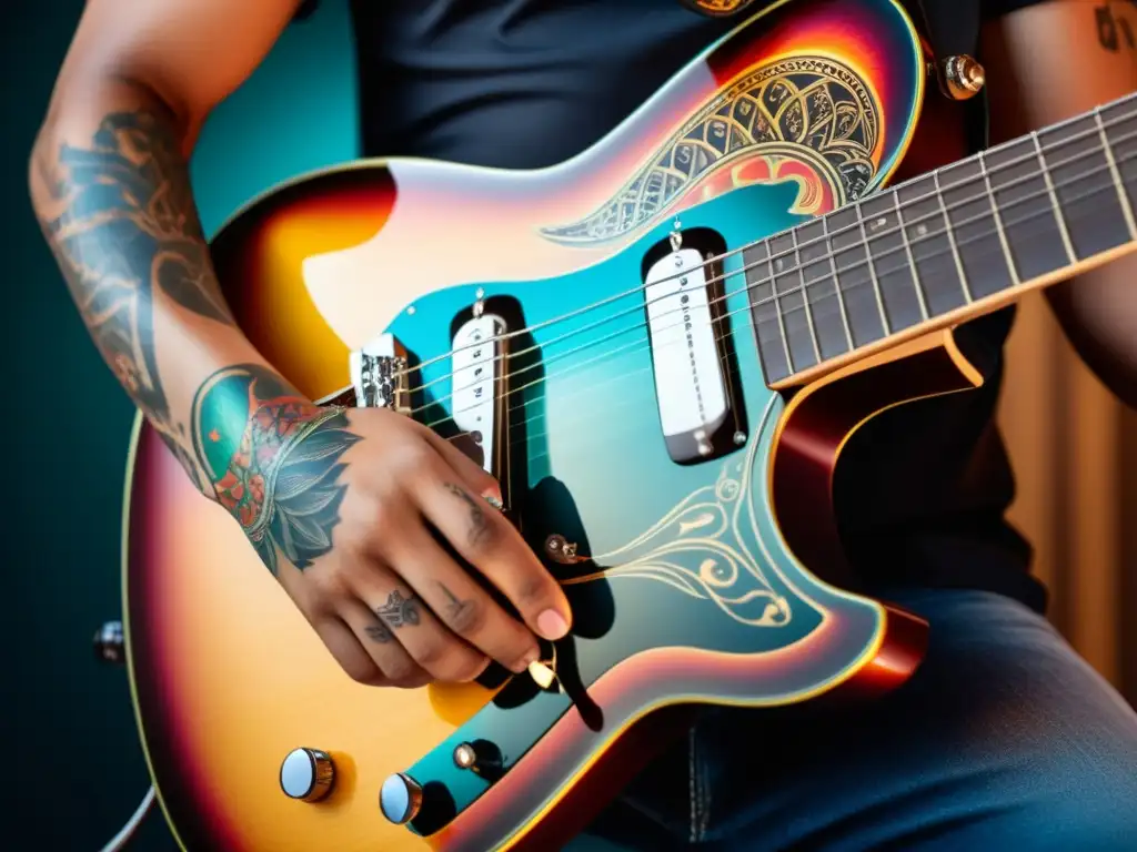 Un músico con tatuajes delicadamente rasguea las cuerdas de una guitarra eléctrica moderna