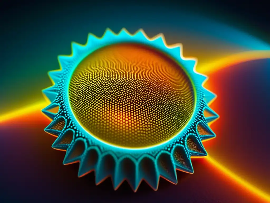 Una nanoestructura iluminada con un brillo futurista, revelando detalles intrincados y texturas a nivel molecular