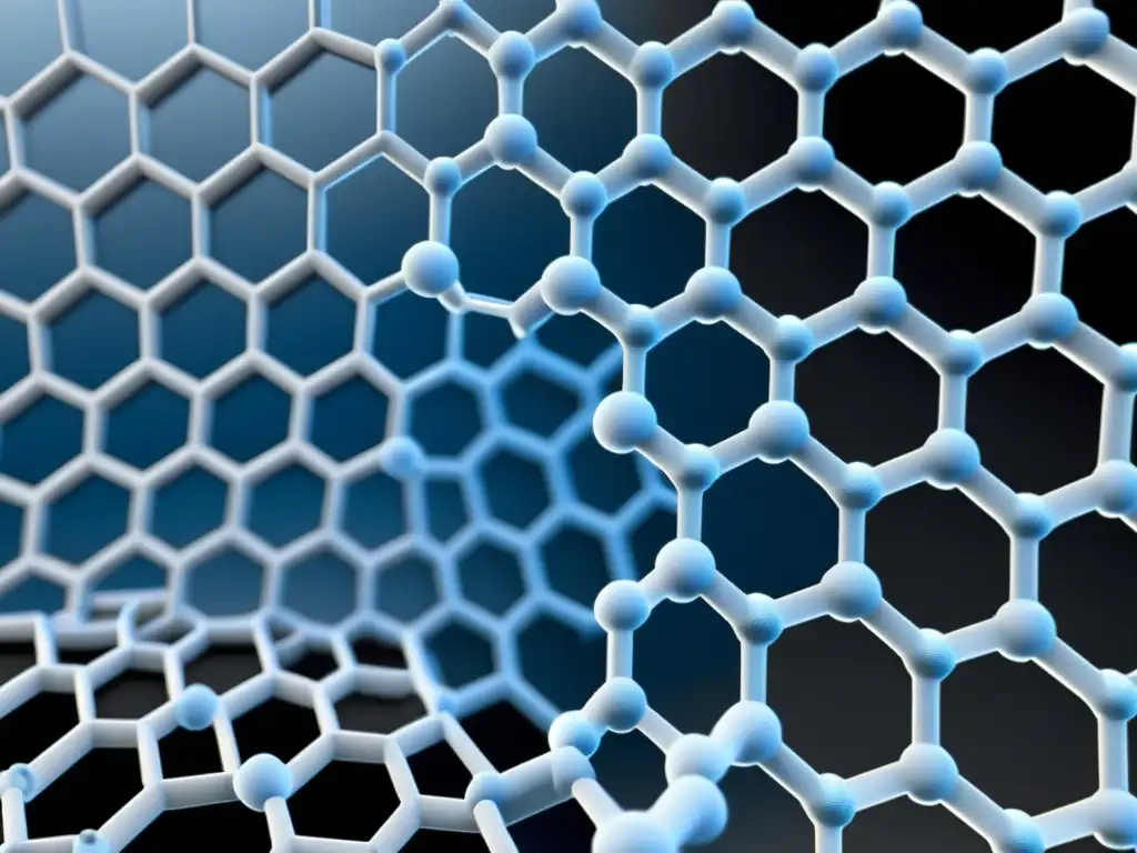 Nanoscale graphene lattice iluminada con luz azul, revelando su estructura hexagonal y átomos de carbono