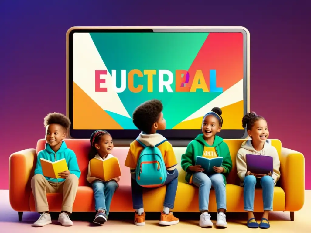 Niños disfrutan contenido educativo en plataforma de streaming, con animaciones coloridas