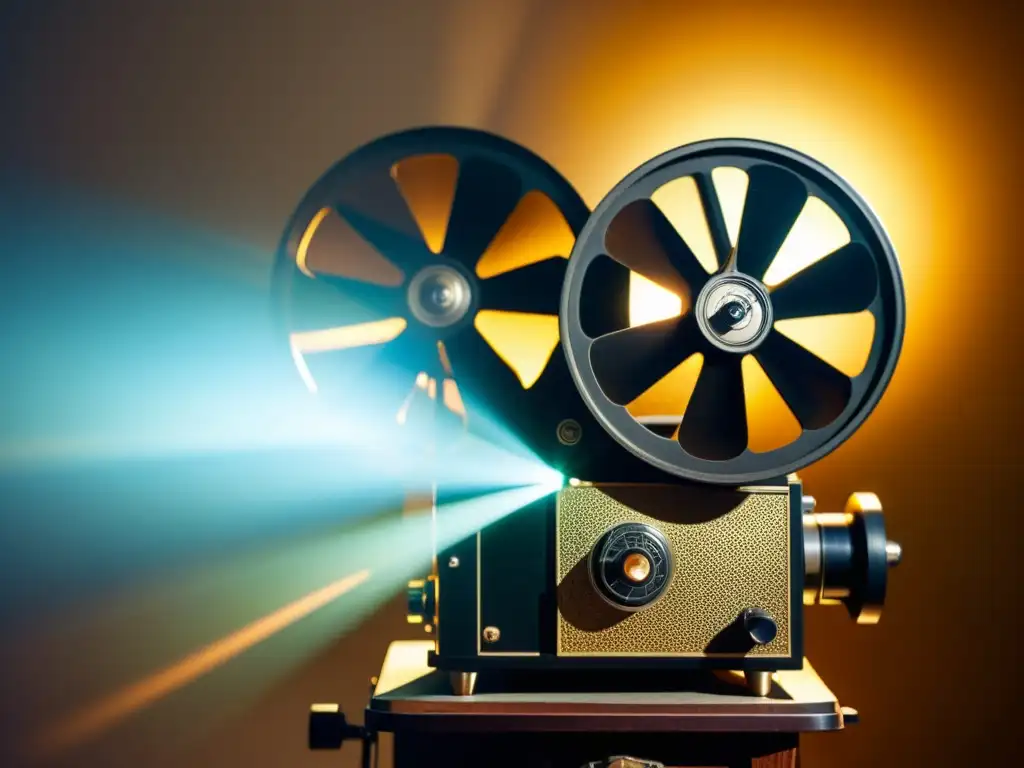 Un nostálgico proyector de películas vintage iluminado por una cálida luz dorada, proyectando sombras intrincadas en una antigua bobina de película