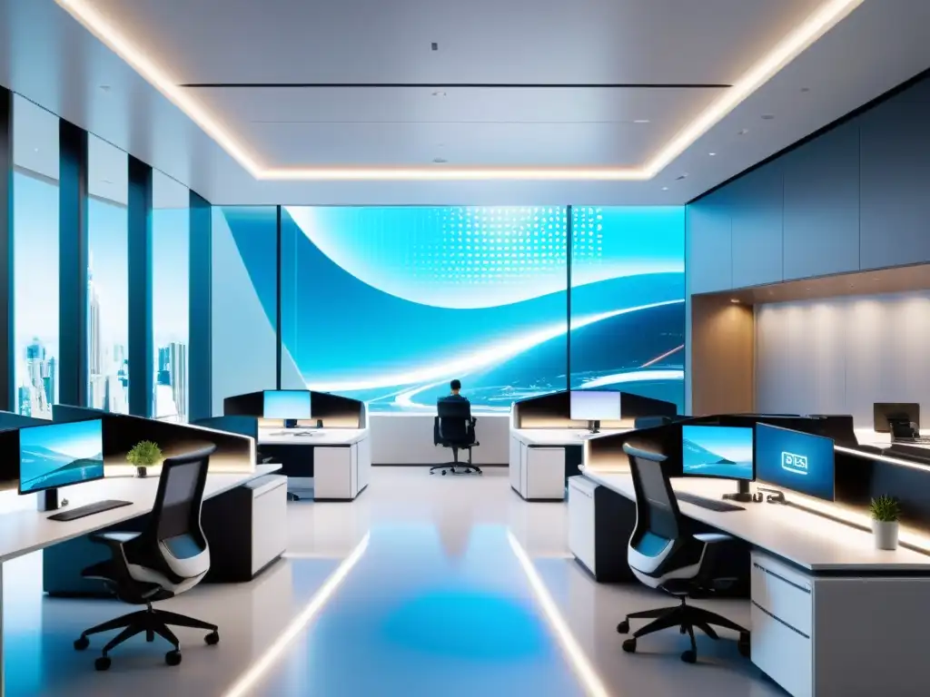 Nuevas tecnologías en oficinas de patentes: Espacio de oficina futurista con diseño minimalista, tecnología avanzada y ambiente luminoso