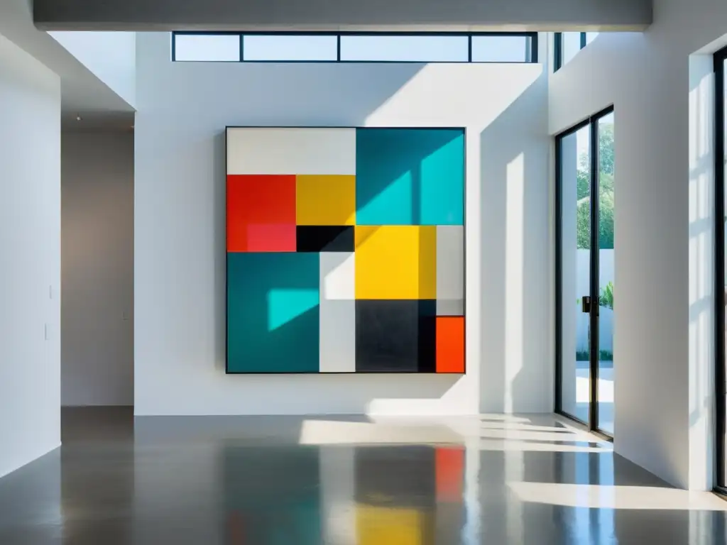 Una obra de arte abstracto vibrante y colorida en una galería minimalista