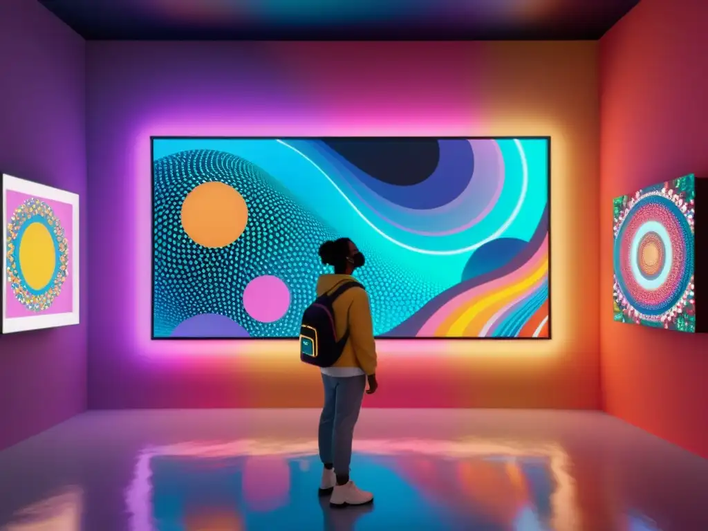 Exhibición digital futurista: arte vibrante en galería virtual Una obra de arte digital futurista en una galería virtual con colores vibrantes y detalles intrincados