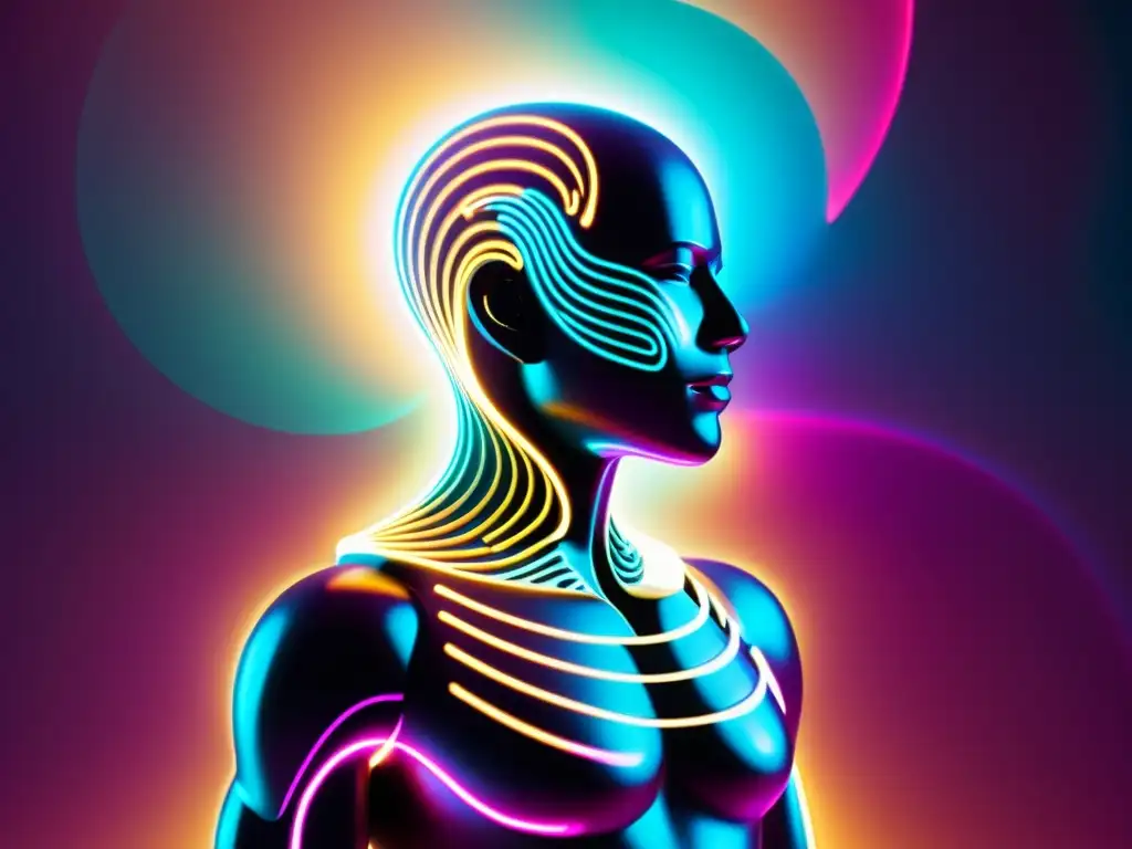 Una obra de arte digital futurista que representa una figura humana compuesta por intrincados símbolos musicales, rodeada de luces de neón