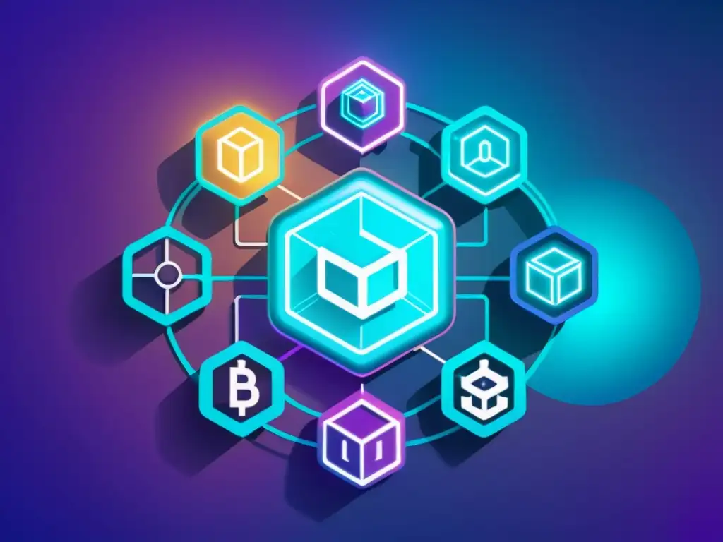 Una obra de arte digital futurista que muestra redes blockchain interconectadas con símbolos de propiedad intelectual flotando entre ellas
