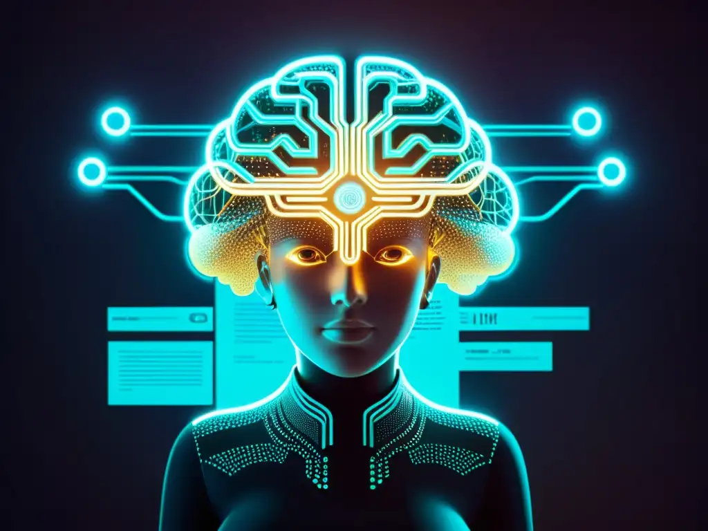 Una obra de arte digital futurista que representa una compleja red neuronal con circuitos intrincados y nodos brillantes, superpuesta con documentos legales y símbolos de copyright para simbolizar la intersección entre inteligencia artificial y derecho de propiedad intelectual en videojuegos