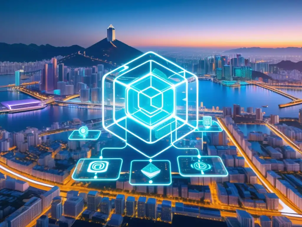 Una obra de arte digital futurista que representa una red de blockchain transparente superpuesta a símbolos de propiedad intelectual