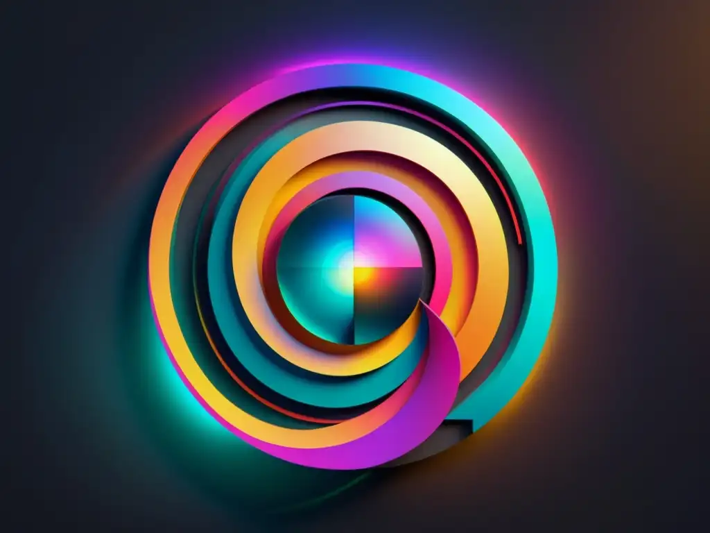 Obra de arte digital futurista con formas geométricas interconectadas en colores iridiscentes