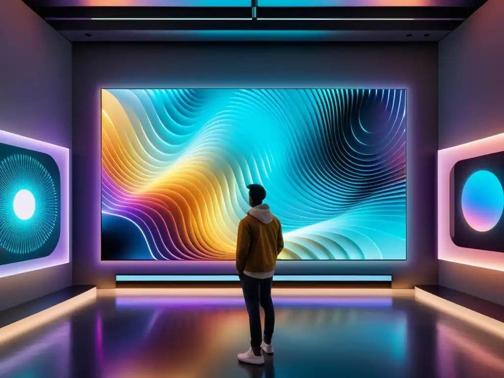 Obra de arte digital en una galería futurista, exhibiendo detalles únicos y efectos visuales dinámicos