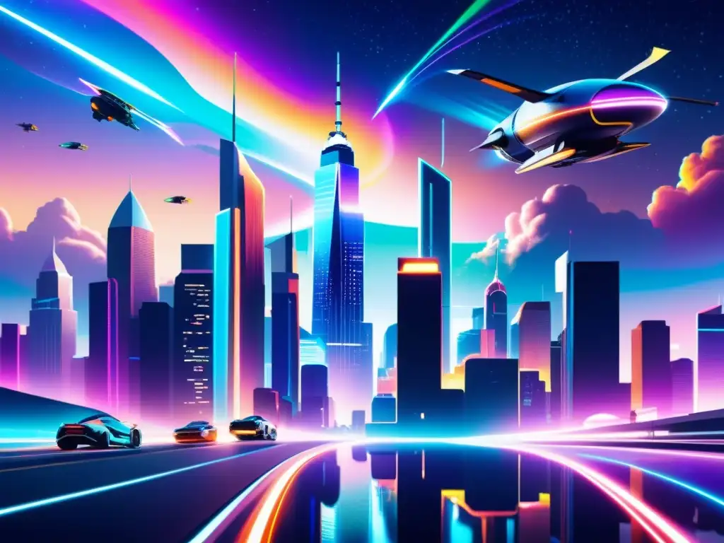 Una obra de arte digital vibrante de una ciudad futurista con rascacielos elegantes y vehículos voladores entre calles neón