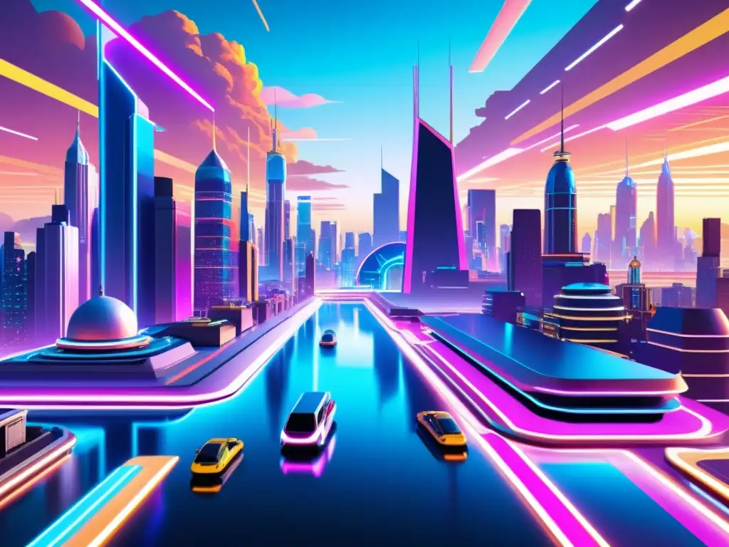 Una obra de arte digital vibrante con paisajes urbanos futuristas detallados, luces de neón y un ambiente eléctrico