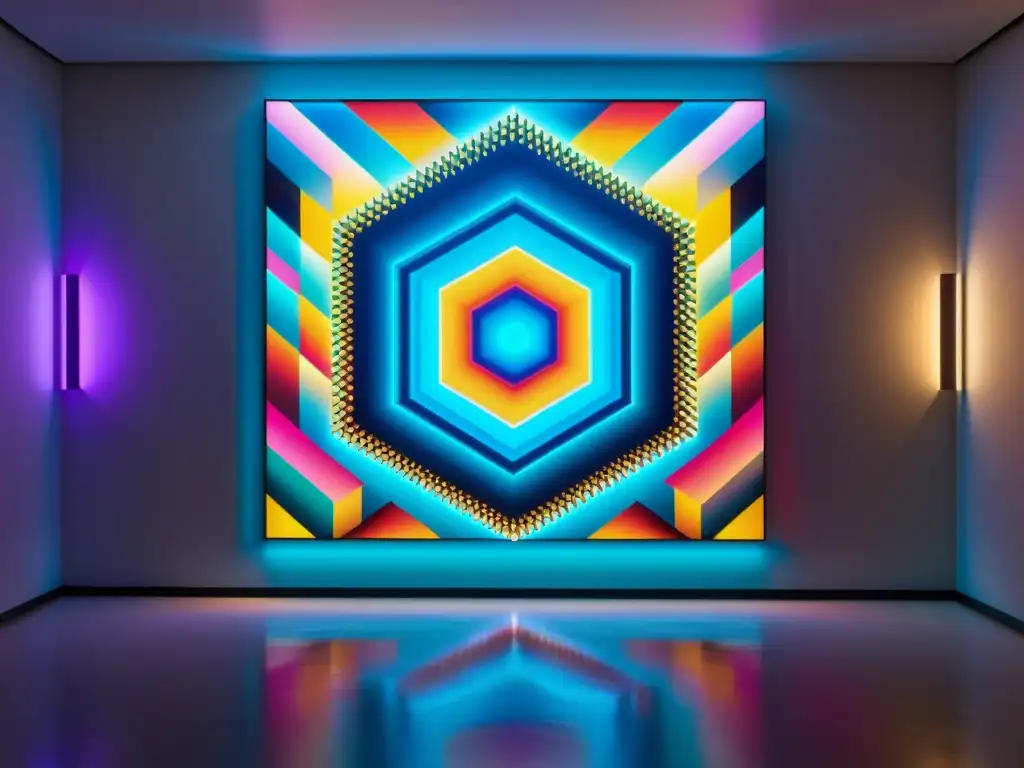 Una obra de arte futurista y detallada generada por IA, con una combinación sofisticada de colores vibrantes y patrones geométricos