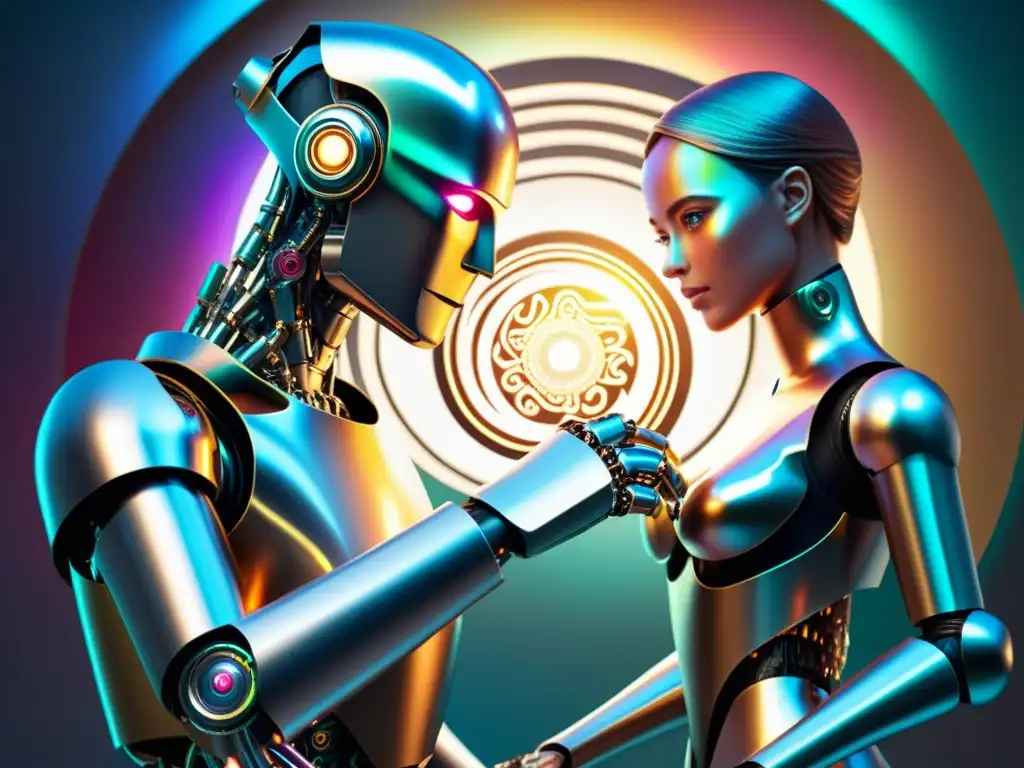 Una obra de arte futurista que representa un robot humanoide y un artista humano creando juntos, destacando los desafíos de la inteligencia artificial en derechos de autor