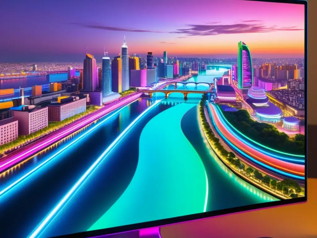 Obra digital de ciudad futurista con luces de neón reflejándose en un río virtual