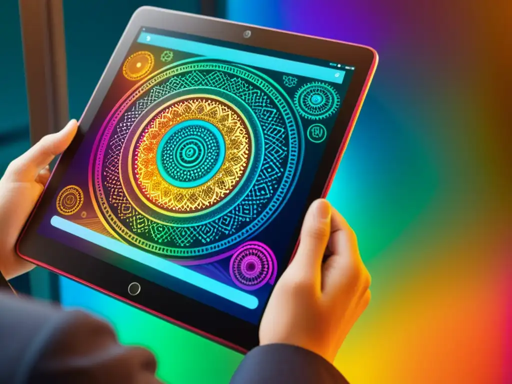 Una obra digital detallada y colorida en una tableta, destacando la fusión de tecnología y creatividad