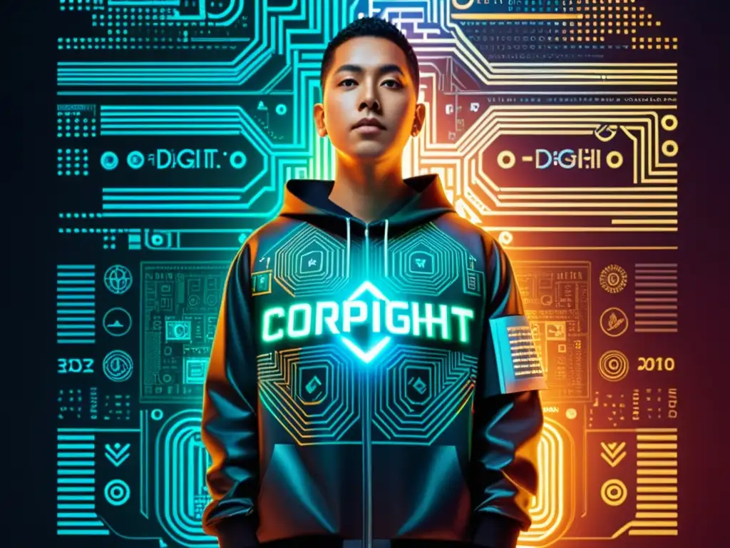 Obra digital futurista con patrón algorítmico, símbolos de copyright y texto legal, rodeada de líneas de código y formas geométricas
